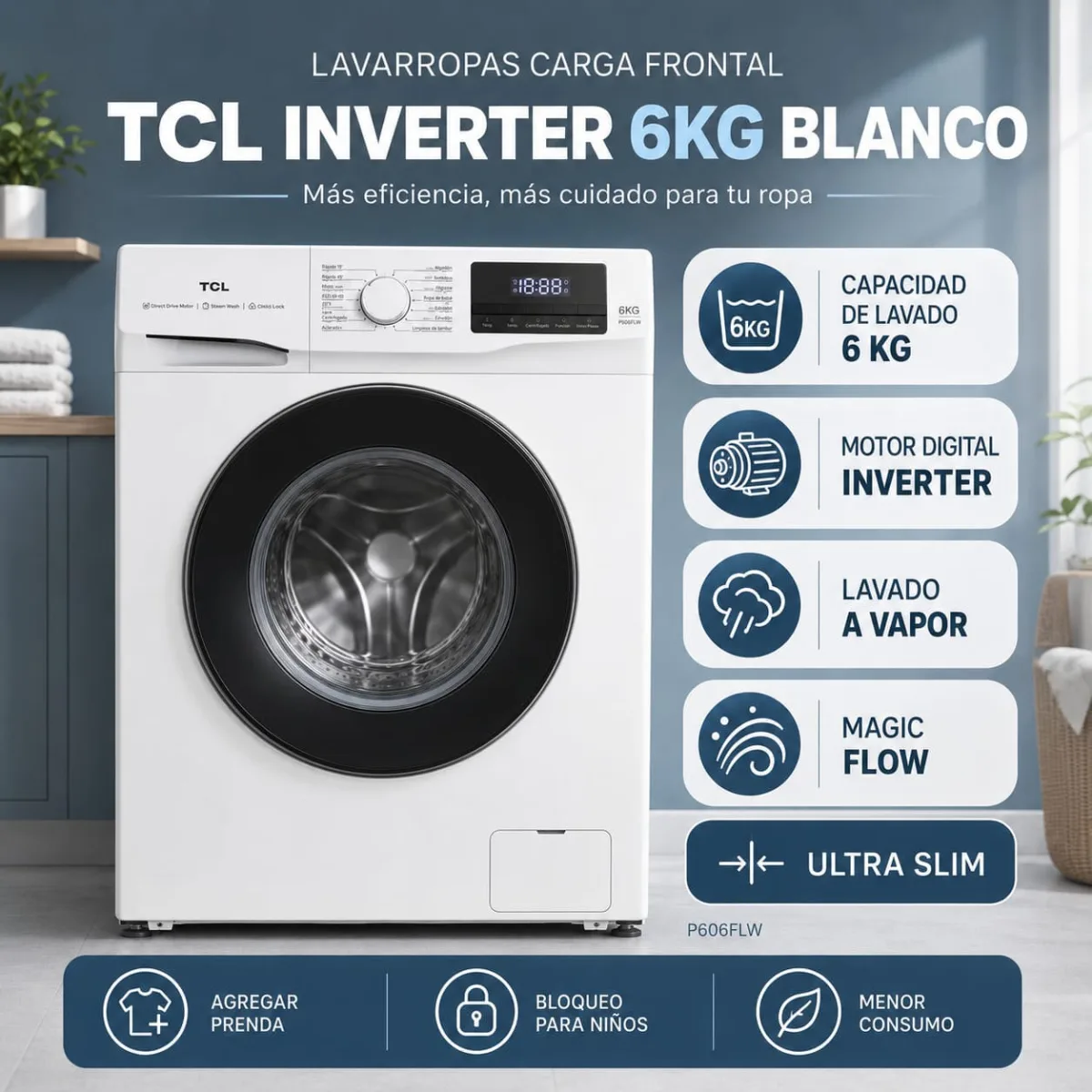 Lavarropas TCL Inverter 6Kg - Carga Frontal